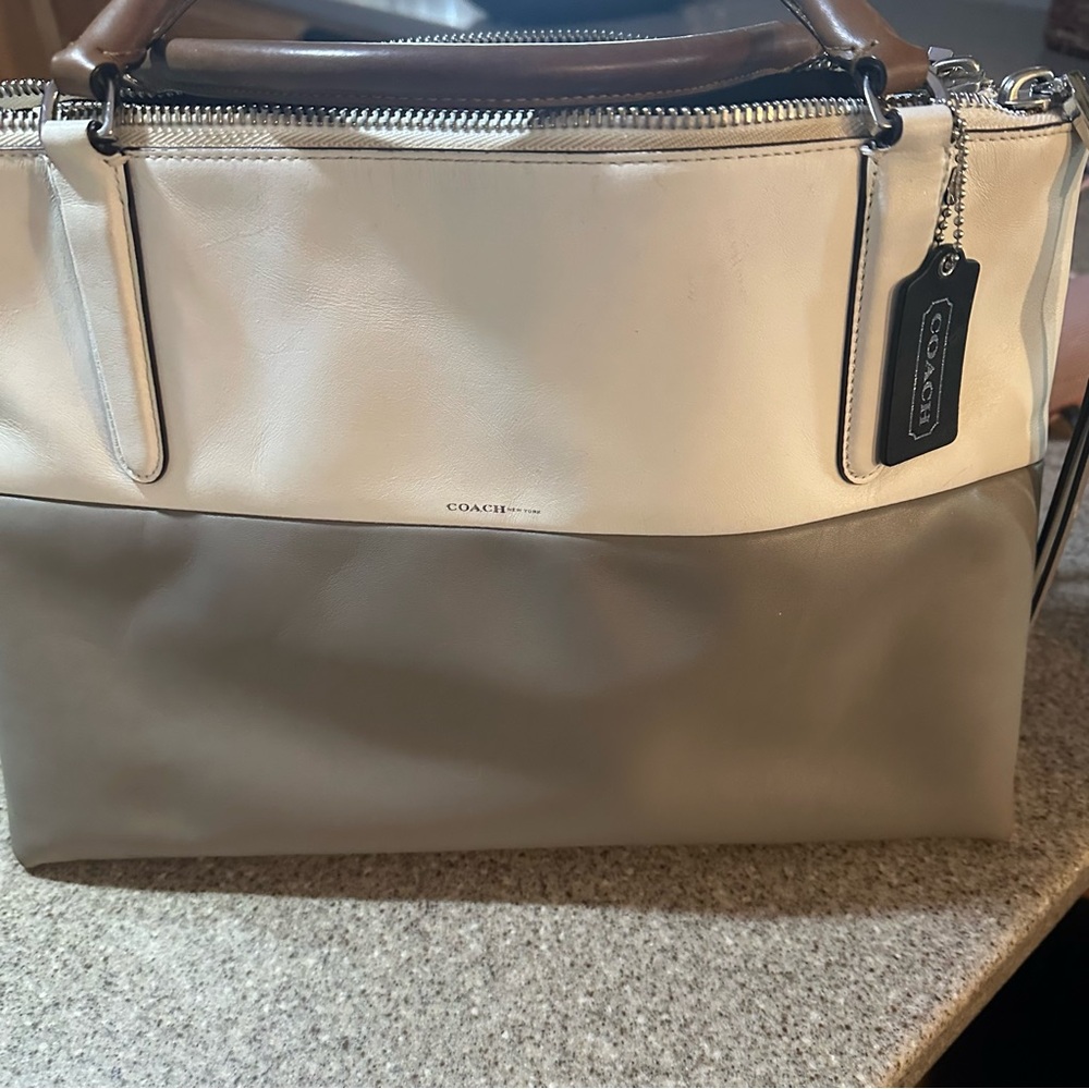 Coach Cream and Tan Satchel with Silver Hardware